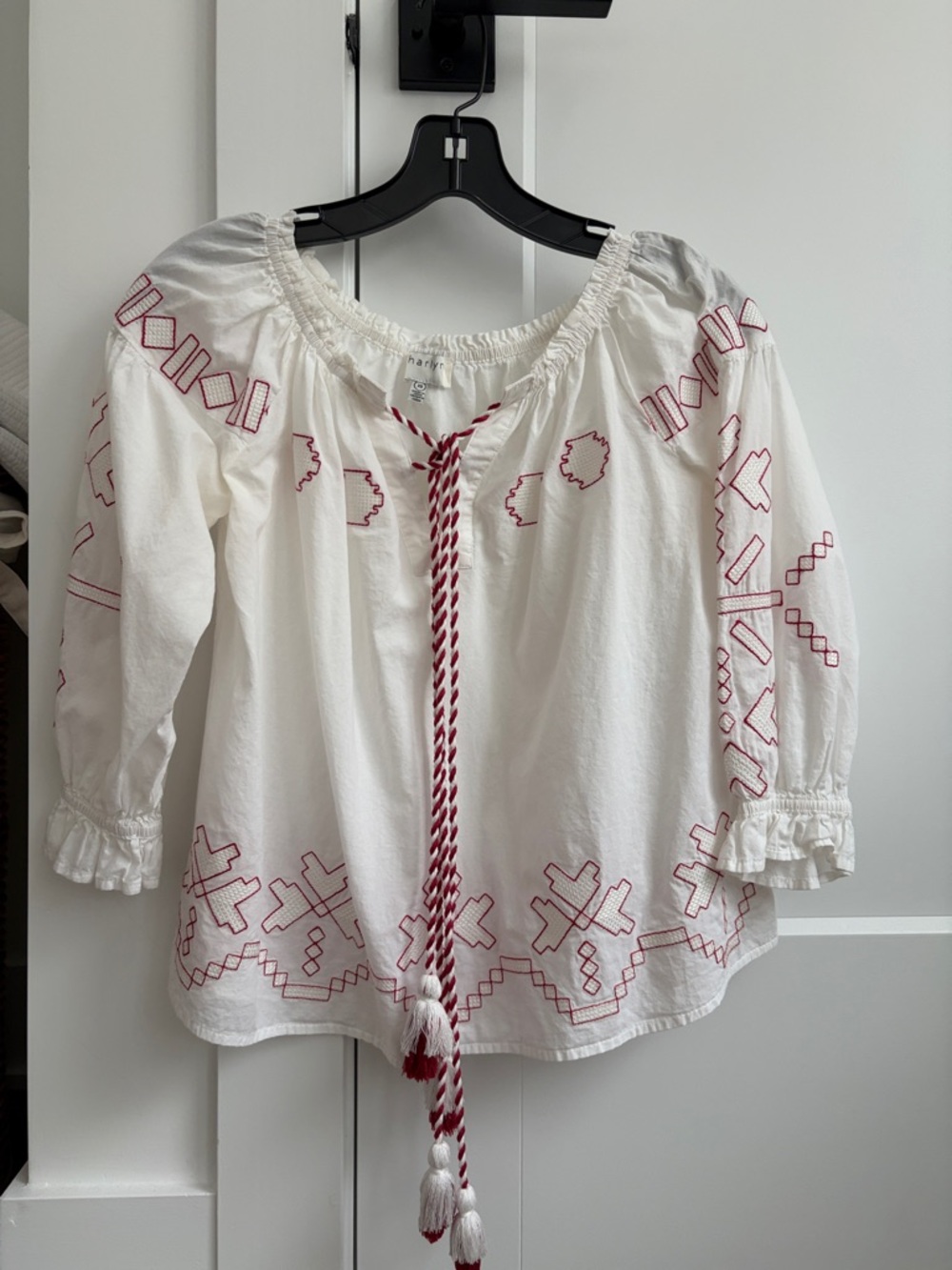 Embroidered Peasant Blouse with Tassel Tie - Ivory with Red by harlyn
